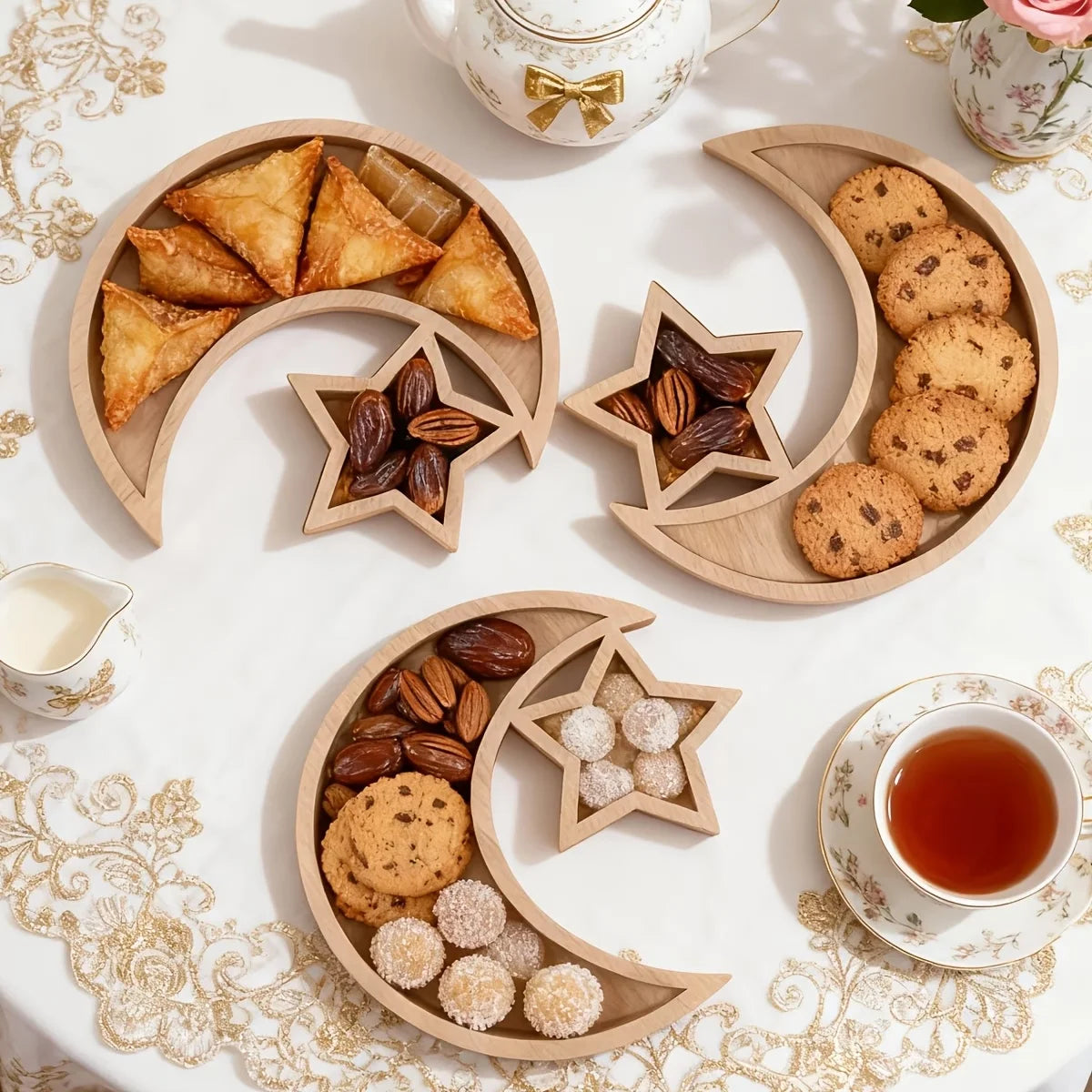 Ramadan Wooden Moon Star Tray Dessert