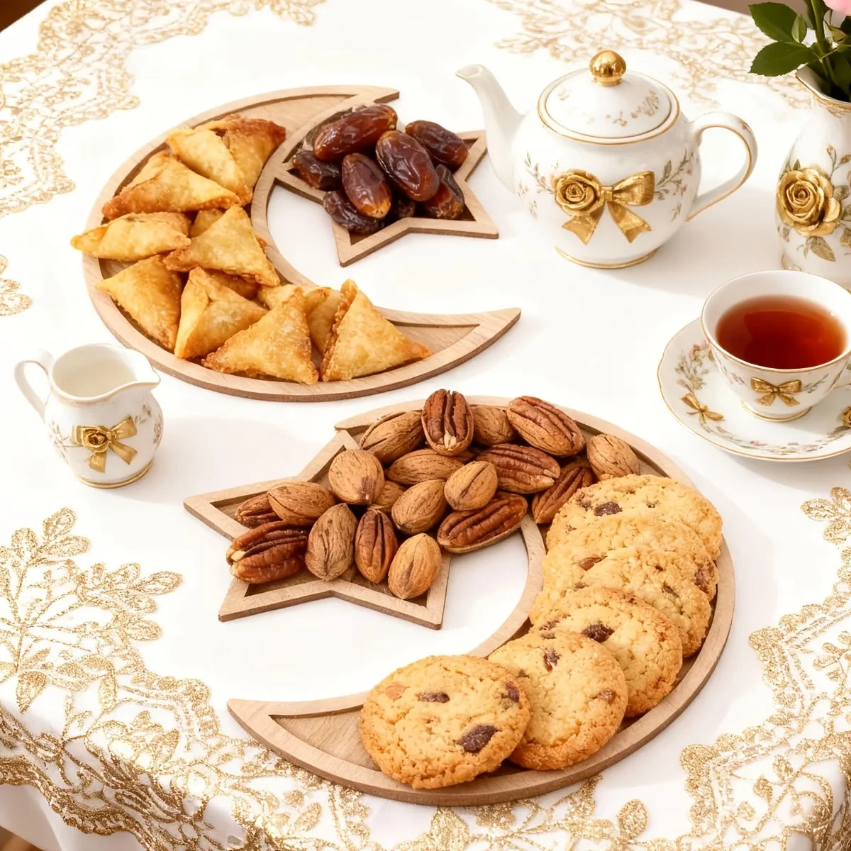 Ramadan Wooden Moon Star Tray Dessert